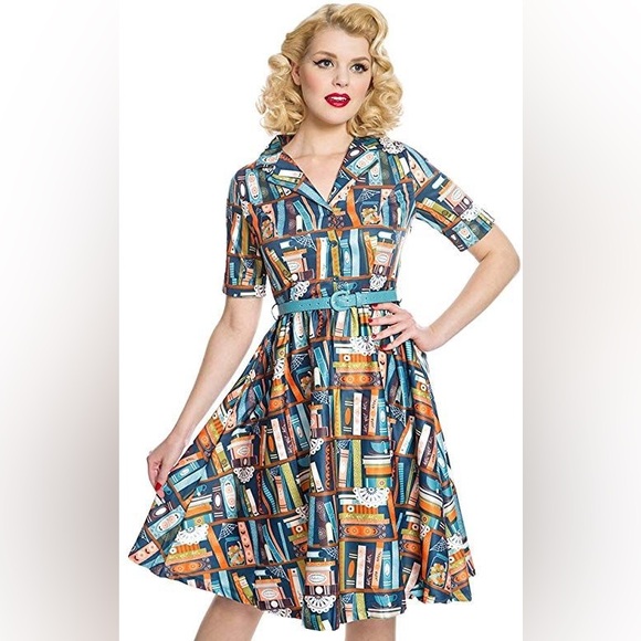 Lindy Bop Retro Bookshelf Print Midi Dress - Picture 1 of 7